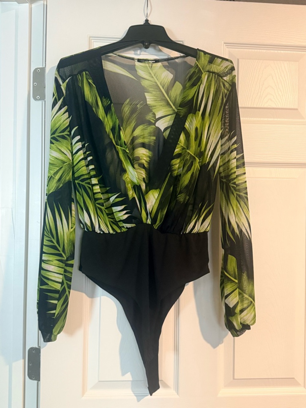Fashion Nova Black Bodysuit with Green Palm Print Mesh Top